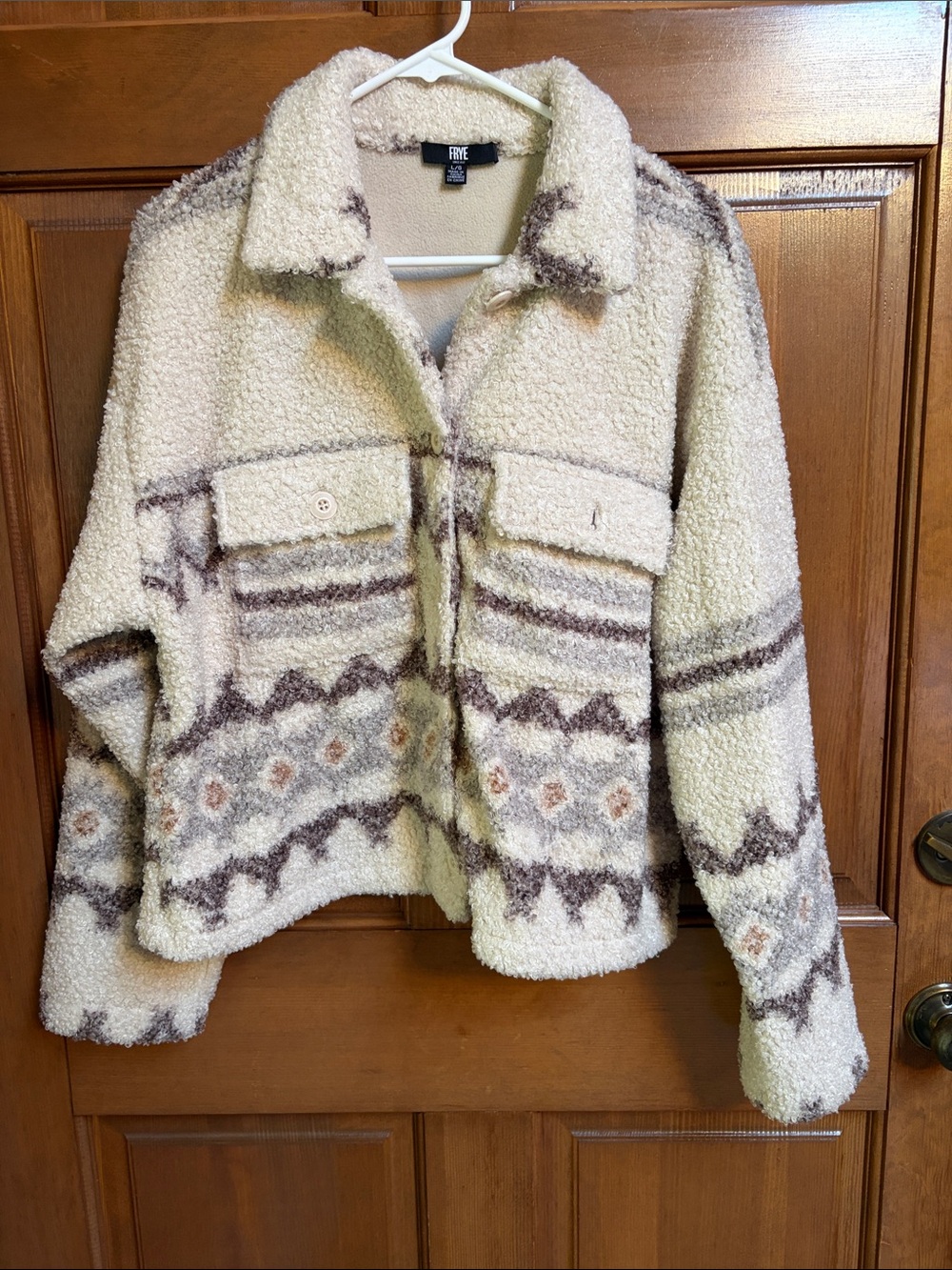 Frye Cream and Brown Patterned Teddy Jacket